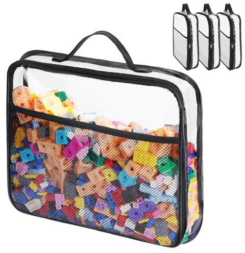 HOTUT PVC Toy Storage Bags,4Pcs Large PVC Storage Organizer Bags with Mesh Side Pockets,Clear Double Zipper Organizing Bags with Handle,Blocks Board Game Storage Organizer Case for Toys,Game Pieces