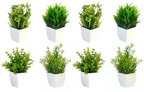 Valyria Home | Pack de 8 Mini Plantas Artificiales Decorativas en Maceta | Pequeñas Plantas Verdes para Hogar, Oficina, Cocina, Ventana | Decoración Interior | Medidas 18x12x12 cm