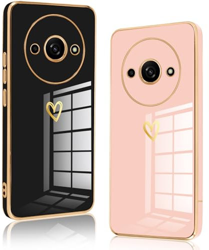 Vauki 2 Packs Coque pour Xiaomi Redmi A3, Ultra Fine Souple TPU Silicone Antichoc Housse Étui de Téléphone avec Motif Coeur et Bordure Dorée Case Protection pour Fille, Noir et Rose