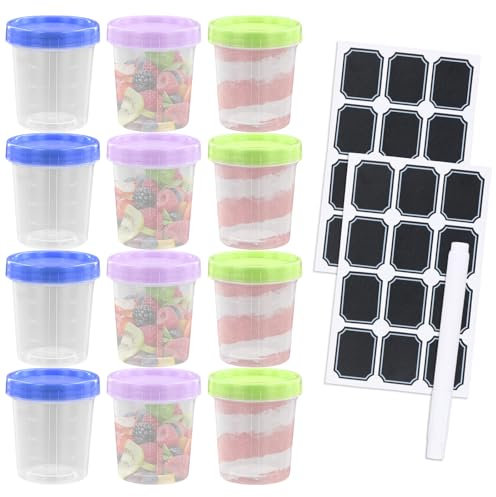 Lot de 12 Pots en Plastique Transparent avec Couvercle, 120ML, Boîtes Alimentaires Graduées Réutilisables, inclus Autocollants et Marqueur pour Conservation des Aliments, Yaourt, Sauce, Congélateur