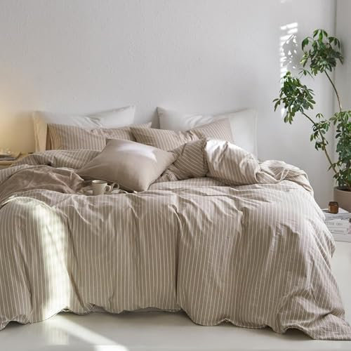 Sedefen Bettwäsche Set 135x200cm Baumwolle Khaki Taupe Gestreift Baumwollbettwäsche Renforce Einzelbett Bettbezug und 1 Kissenbezug 80x80cm mit Reißverschluss