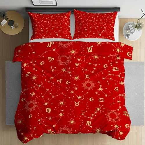Kioldoq Sonne Stern Bettwäsche 135x200 cm, Mond Konstellation Bettbezug Aus Microfaser, Rot Astrologie Bettwäsche Set Weich Wendebettwäsche Mit Reißverschluss 3er Set Und 2 Kissenbezug