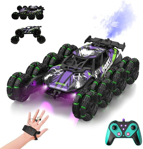 FORESTDREAM RC Stunt Car, 8-Rad Ferngesteuertes Auto ab 4-10 Jahre, Geländewagen mit Sprühnebel, LED & Musik, 2,4 GHz Spielzeugauto für Jungen & Mädchen Spielzeug ab 5 6 7 9 Jahre Junge (Lila)