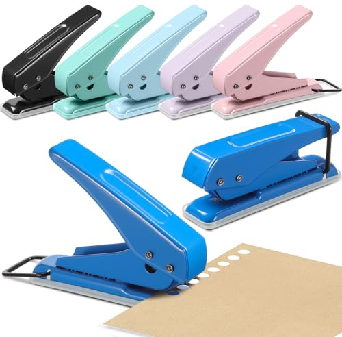 AmazingSpark 6 Pack Single Hole Puncher 1/4 Heavy Duty Hole Puncher 15 Sheet Capacity Back to School Metal Paper Punch Portable Handheld for Tags, Craft, ID Card, Chipboard, Art Project