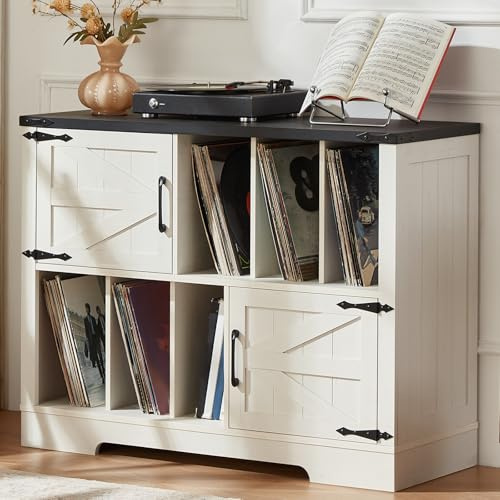 LELELINKY Plattenspieler Schrank mit Schallplattenregal für 300 Alben | 100 cm breit, 6 offene Fächer, 2 Türen, viel Stauraum für Vinyl und Zubehör, für Wohnzimmer & Musikzimmer,Weiß