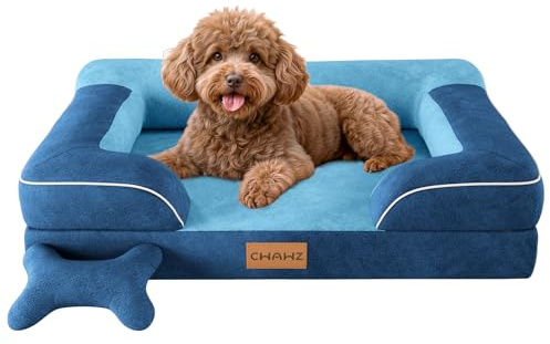 CWAWZ Mittelgroße Hundebett,76x51cm Orthopädisches Hundebett mit Knochenspielzeug, Kühlender Memory Foam Waschbar Hundesofa, Wasserdicht rutschfest Großes Hundesofa,Marine Blau