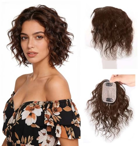 EREE HAIR Echthaar-Topper, 25 cm, Seidenbasis, gewellt, für Frauen mit dünner werdendem Haar, Clip-in-Haarverlängerung mit realistischer Kopfhaut, 7 x 10 cm, kleine Flächenabdeckung, dunkelbraun