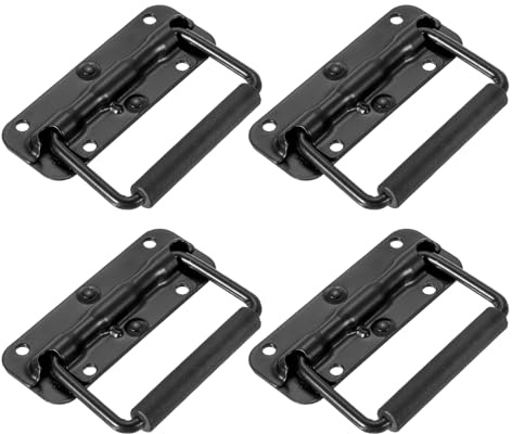 PATIKIL 4.3inch Spring Loaded Handle, 4 Pcs Folding Heavy Duty Toolbox Pull Chest Handles with Rubber Surface Mount Folding Grip for Toolbox Chest Case Crates Storage Boxes, Black