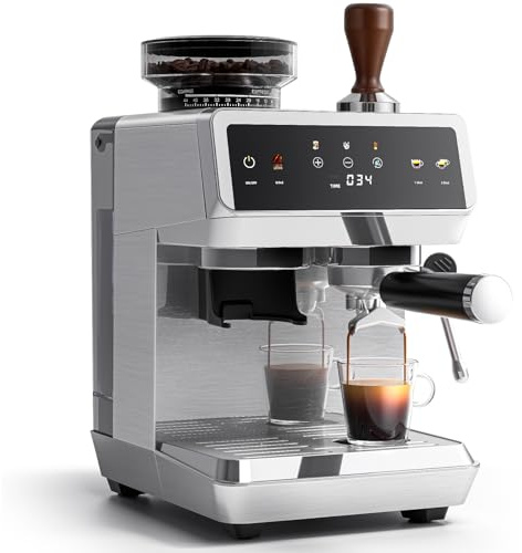 AMZCHEF Siebträgermaschine, 20 Bar Espressomaschine mit mahlwerk, 44 Mahlgrade, 4-Temperaturstufen,Cold Brew, 1,8L Tank,espressomaschine mit Milchaufschäumer, IMD Touch Screen,Edelstahl