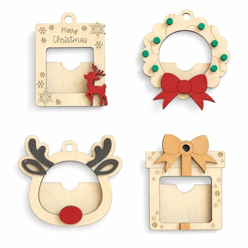 Generico GECKOART.IT Set da 4 Portafoto Natalizi in Legno, Decorazione Albero di Natale con Renna, Ghirlanda, Regalo, Design Festivo (10 cm Circa)