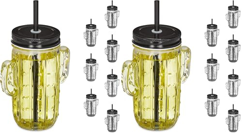 Relaxdays Trinkgläser mit Strohhalm & Deckel, 8er Set Eisteebecher, Limonadengläser Kaktus, 500 ml, Gastro, transparent (Packung mit 2)