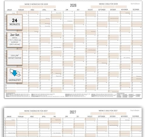 Wandkalender 2026 2027 B1 groß, Jahreskalender quer gefaltet Kalender | 2 Jahre XXL Jahresplaner (70,7 × 100 cm) + Gratis DIN A3 | Poster Wand-Planer mit Feiertagen DE