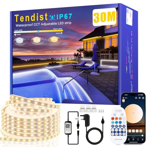 Outdoor Led Strip Lights Waterproof Warm White Led Strip, IP67 Dimmable White Rope Lights with APP & Remote, 24V 3000K to 6500K Self Adhesive Smart Light for Outdoor Garden, Balcony, Patio (30M)