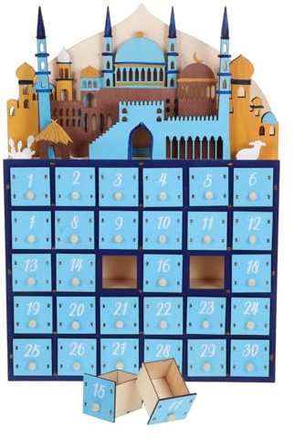 SOLUSTRE Ramadan Holz Countdown Kalender mit LED Licht – 30-Tage Eid Mubarak Tischdekoration für Festliche Ramadan Wohnraumbeleuchtung