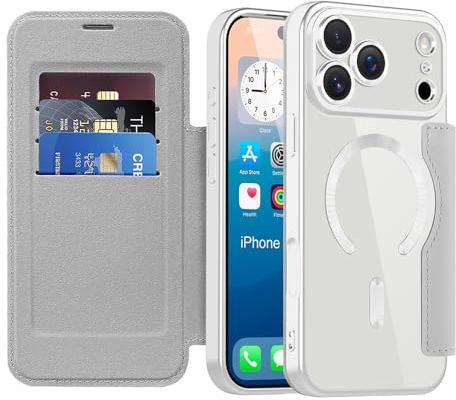 Techsuit für iPhone 17 Pro Flip Wallet Hülle mit Kartenfach, Magnetring Kompatibel, RFID Schutz, Stoßfest, Standfunktion, SmartMag Book Case, PU Leder, Grau