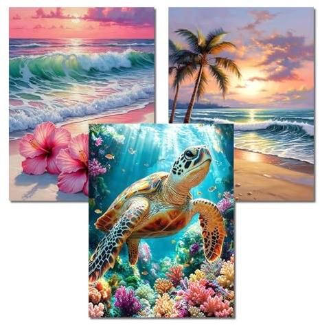 Diamond Painting Meerblick 3er Set Erwachsene, 5D Diamond Painting 30x40cm | Full Drill Meeresschildkröten Diamant Painting Bilder, DIY Diamant Malerei Wanddekoration & Bastelset Geschenk