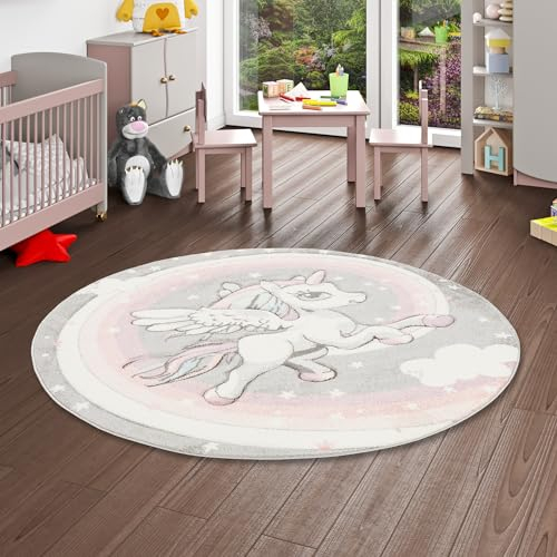 Pergamon Kinder Teppich Maui Kids Pastell Grau Rosa Einhorn Rund in 3 Größen