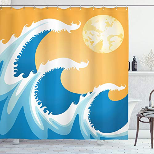 ABAKUHAUS Japanisch Duschvorhang, Huge Sea Waves Sommer, Stoffliches Gewebe Badezimmerdekorationsset mit Haken, 175 x 180 cm, Blauer Marigold und Weiß