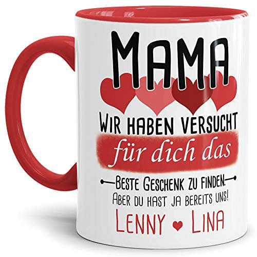 Tassendruck Geschenk Tasse mit Spruch PERSONALISIERT - Bestes Geschenk für Mama von Kindern - Kaffee-Tasse/Geschenkidee Geburtstag Muttertag/Muttertagsgeschenk - Innen & Henkel Rot