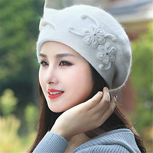 Renost Frauen Winter Angora Beret Warm Strick Mütze Flower Soft Classic Thermal Caps White One Size