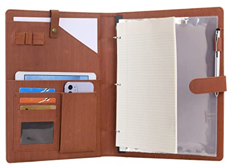 Wonderpool Porte-documents en Cuir A4 Padfolio Anneaux Planchettes à pince Classeur Ramovible avec Portebloc Notes et Organiseur Multi-poches pour Bureau Conférence Réunion et Travail (Brun)