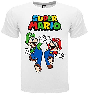 T Shirt Mario e Luigi. Maglietta Ufficiale Super Mario. 100% Cotone. Colore Bianco con Logo. Prodotto su Licenza. Taglie da Bambino/Ragazzo. (14-15 Anni)