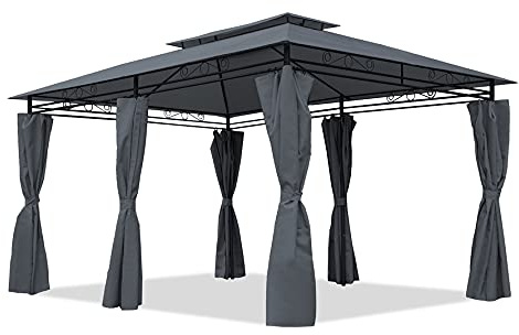 Garden Point Garten-Pavillon Ibiza | 300 x 400 cm | Rechteckig | Wasserabweisend | Ideal für Garten | Einfache Montage | Vorhänge im Set | Grau