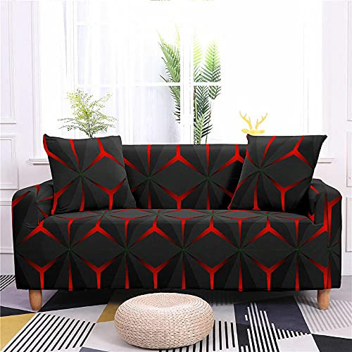 ZAHHYG Sofa Überzug Schwarz-Rote Geometrie Sofaüberwurf Sofabezug Stretchy Couchbezug Sofa Bezug Ecksofa Überwurf Sofabezüge Antirutsch Sofahusse Jacquard Sofaüberzug 3 Places (190cm-230cm)