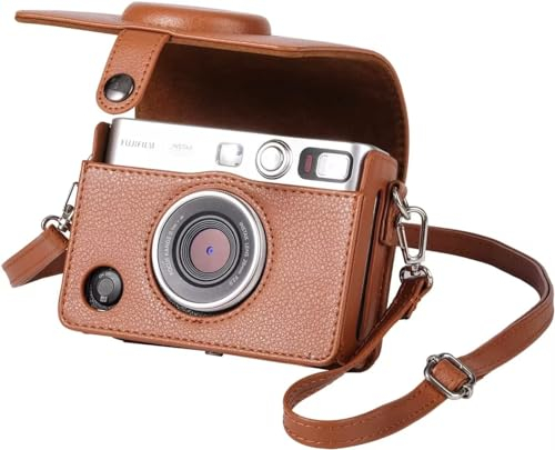MUZIRI KINOKOO Mini EVO Hülle für Fuji Instax Instant Camera - PU Leder Lychee Linien Stil Kameratasche in Braun