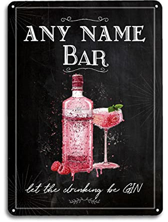 Personalised Pink Gin Bar Sign Black Chalkboard style, Any Name Bar - A4 Home Pub Bar Sign