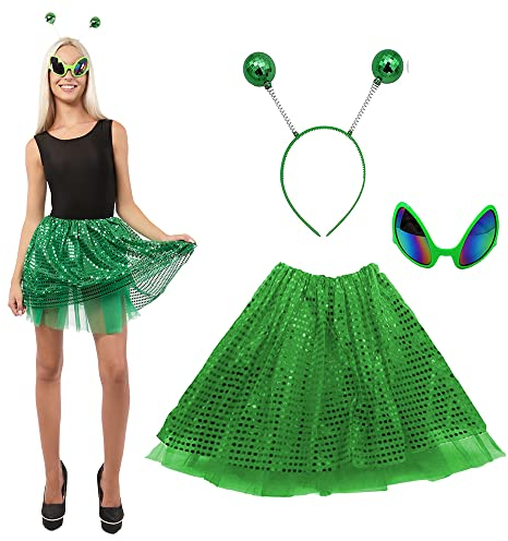 Costume alieno donna, occhiali da alieno con fascia per antenna e gonna con paillettes, accessori per feste a tema Halloween Carnevale e costume da supernova (verde)