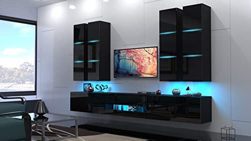 Furnitech Wohnwand Wohnzimmer | Wohnzimmer Möbel mit LED RGB - 16 Farben | Hängend Wohnwand Modern | Wohnzimmer Schrankwand mit Regale und TV Schrank (Star AN53-18HG-B1 GS5)