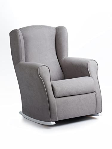 Sillonea - Sillón Lactancia Roma, Usado para amamantar/Dar el Pecho. Butaca balancín para habitación del Bebe. Medida: 100x74x77 cm. Tapizado con Tela Antimanchas. (Gris, Madera Nogal)