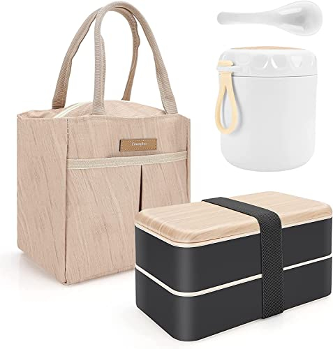 Achort Lunch Box, Boîte Bento Japonaise Hermétique 2 Étages 1200ML avec Couverts avec Tasse à soupe 400ML avec sac à lunch isolé, icro-ondes & Lave-vaisselle, Zéro Déchet, Sans BPA (noir)