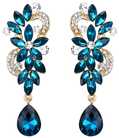 Clearine Damen Ohrringe Böhmisch Boho Kristall Blume Hochzeit Braut Chandelier Tropfen Bling Dangle Statement Ohrringe Topas-Blau Silber-Ton