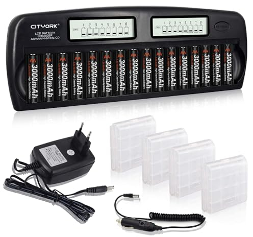 CITYORK Chargeur rapide de batterie - Protection IC intégrée avec affichage LCD - Pour piles AA AAA NI-MH - Avec 16 piles AA 3000 mAh NiMH - Mallette de rangement incluse