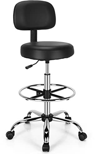 COSTWAY Ergonomic Drafting Chair, Height Adjustable Stool Swivel Office Chair with Backrest and Adjustable Footrest, Mid-Back Leather Padded Rolling Stool Task Desk Chair for Home Office Studio, Black