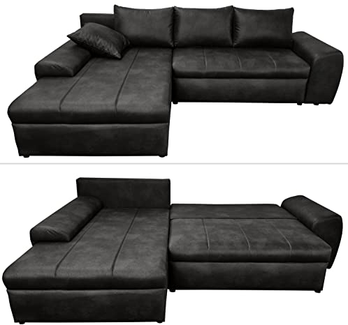 Vintage Ecksofa mit Schlaffunktion und Bettkasten 266x186 cm, Wellenunterfederung, Ottomane links, gemütliche Lounge Couch mit Mikrofaser-Stoff in Leder-Optik Schwarz / 18016