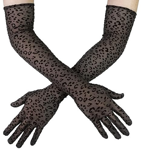 Luwint Extra lange Netz-Handschuhe, Leopardenmuster, 53,3 cm über Ellenbogen, Seide, durchscheinend, Sonnenschutzhandschuhe für Opernparty, Kostüm, Hochzeit, Kaffee, Over Elbow