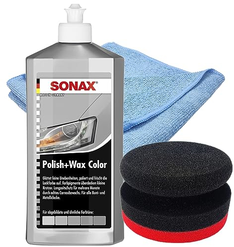 Craft-Equip Politur-Set bestehend aus einer SONAX 500ml Polish+Wax Color SILBER + Craft-Equip Ø90mm Polierpuck ROT + Craft-Equip Microfasertuch BLAU