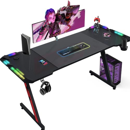 Devoko Led Gaming Tisch 140x60 cm,Gaming Schreibtisch Z-Frame, Ergonomischer Gamer Tisch mit Getränkehalter, Kopfhörerhaken, Stabiler Computertisch PC Schreibtisch