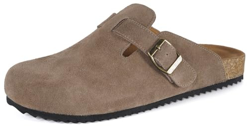 Intini Mules pour Hommes Sabots Femme Chaussons Cuir Pantoufles Fermé avec Semelle Chaussures de Jardin Solide et Confortable Antidérapant Marron foncé 40
