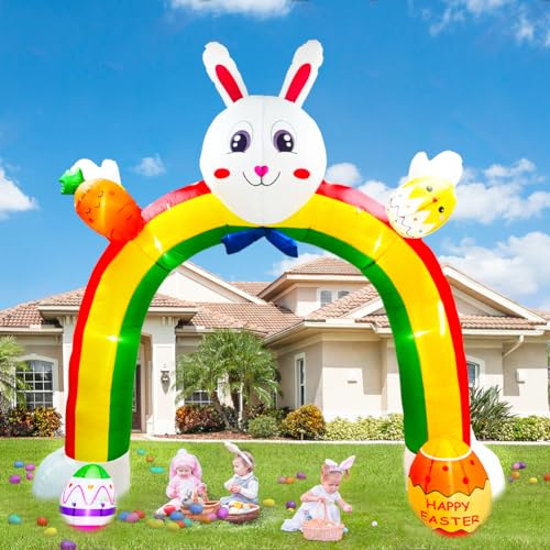 3 m aufblasbarer Oster-Torbogen, Osterhase aufblasbarer Regenbogen-Torbogen, Ostereier mit integrierten LED-Lichtern für Ostern, Urlaub, Party, Innen- und Außenbereich, Garten, Rasen