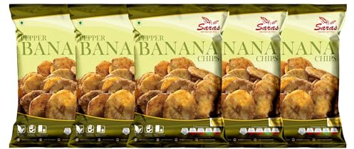 Saras Pepper Banana Chips 200g (Pack of 5) | Spiced to Perfection South Indian Snack | Crispy Delight with Authentic Flavour