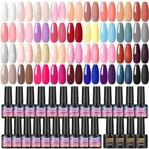 PEACECOLOR Gel Nail Polish Set, 36 Colours Spring Colours Gel Nail Polish Starter Kit Soak Off Gel Polish Nude Pink Red Glitter Nail Polish Base and Glossy Matte Top Coat Gifts Set for Women