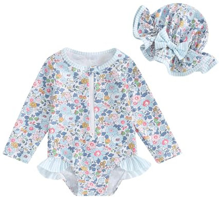 HodJIU Combinaison Maillot de Bain Bébé Fille Anti-UV à Manches Longues Imprimé Costume de Bain pour Piscine Natation Plage + Chapeau de Soleil (Bleu Floral, 6-9 Mois)