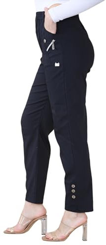 Women's Full Length Cherry Berry Trousers - Ladies Italian Plain Casual Stretchy Elasticated Waist Summer Pants Plus Size Navy 14