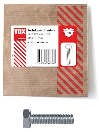 TOX Sechskantschraube M5x30, verzinkt, DIN 933, Maschinenschrauben mit Vollgewinde und geringer Kopfhöhe, 10 Stück in einer wiederverschließbaren und umweltschonenden Papierverpackung, 12443066530