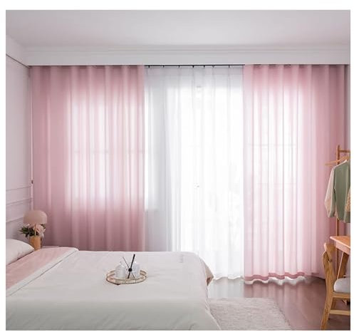 Beydodo Rideaux Voilage Interieur, Rideau Salon Semi Transparent 132x214cm Voilage Fenetre à Oeillets en Polyester Rose Uni avec Texture à Rayures, Lot de 2