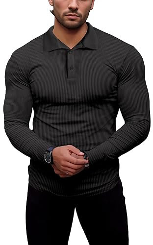 Agilelin Men's Muscle Slim Fit Polo Shirts Long Sleeve Stretch T-Shirts Casual Stylish Tee for Golf Workout(Grey/L)
